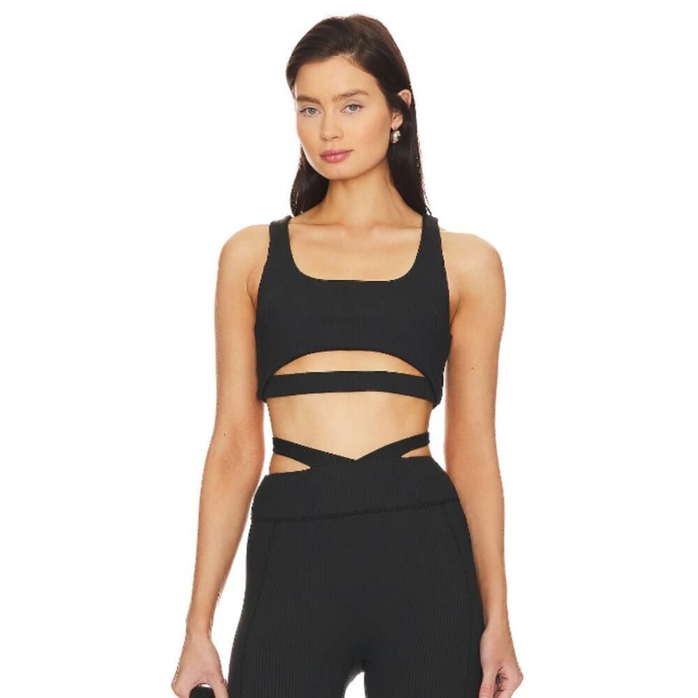 GIGI C Revolve Andrea Sports Bra Women's Small Black Ribbed Cutout V-Back New
